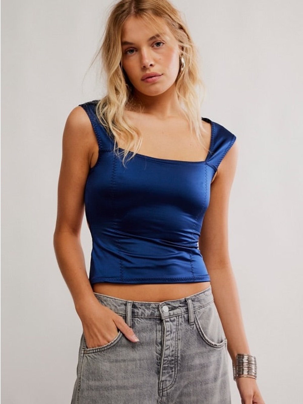 Free People Shine on Tee - Satin Square-Neck Crop Top in Royal Blue